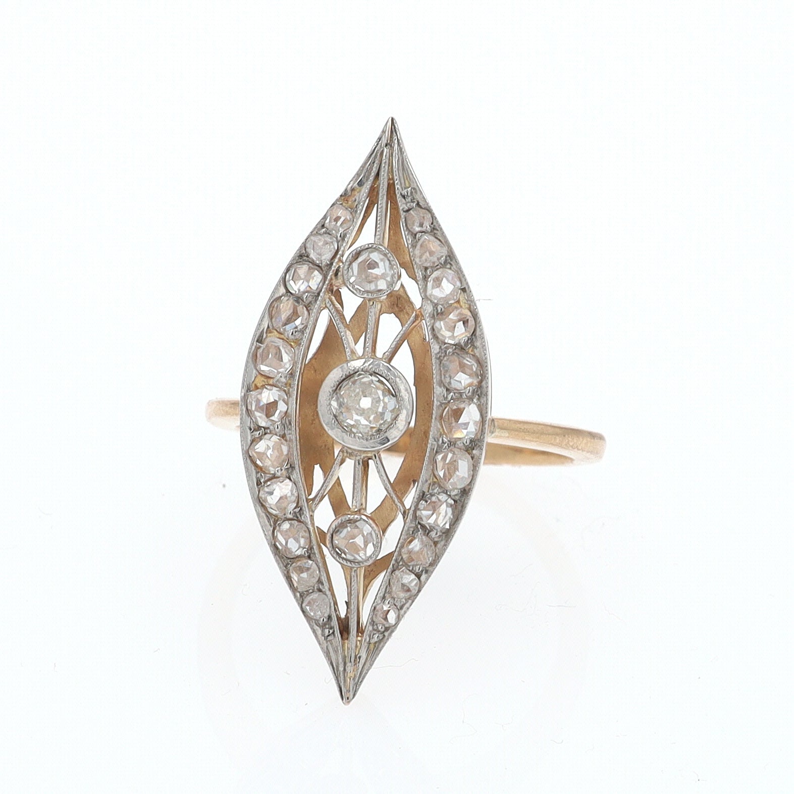 Elongated Edwardian Filigree Diamond Navette Ring