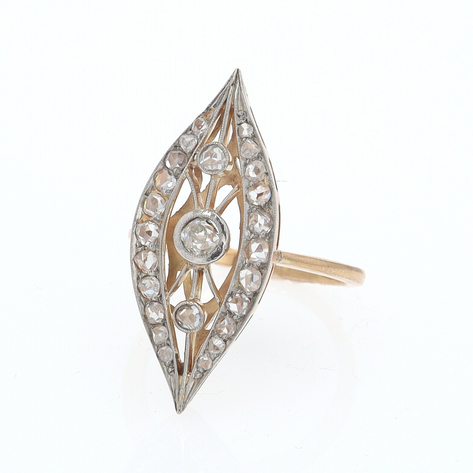 Elongated Edwardian Filigree Diamond Navette Ring