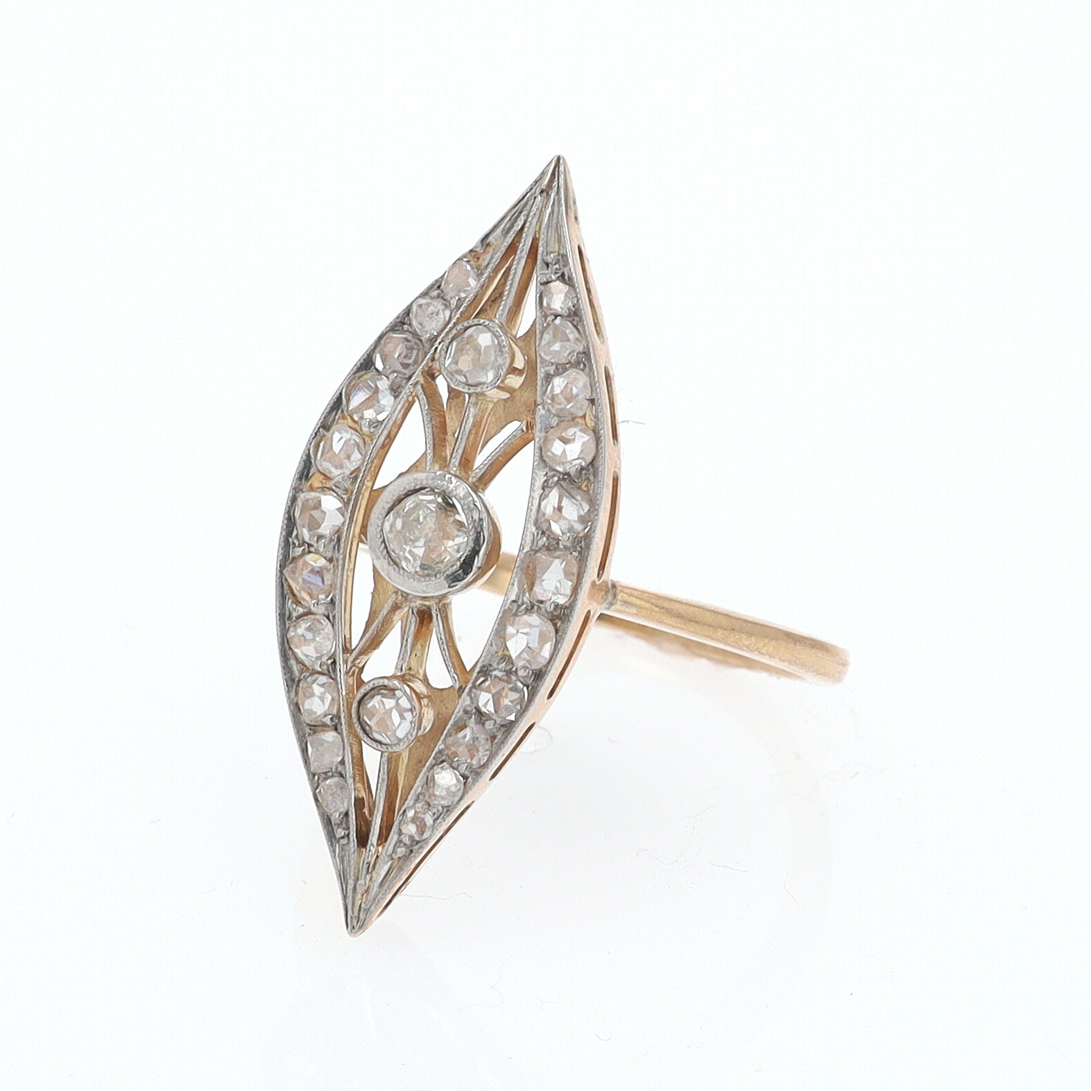Elongated Edwardian Filigree Diamond Navette Ring