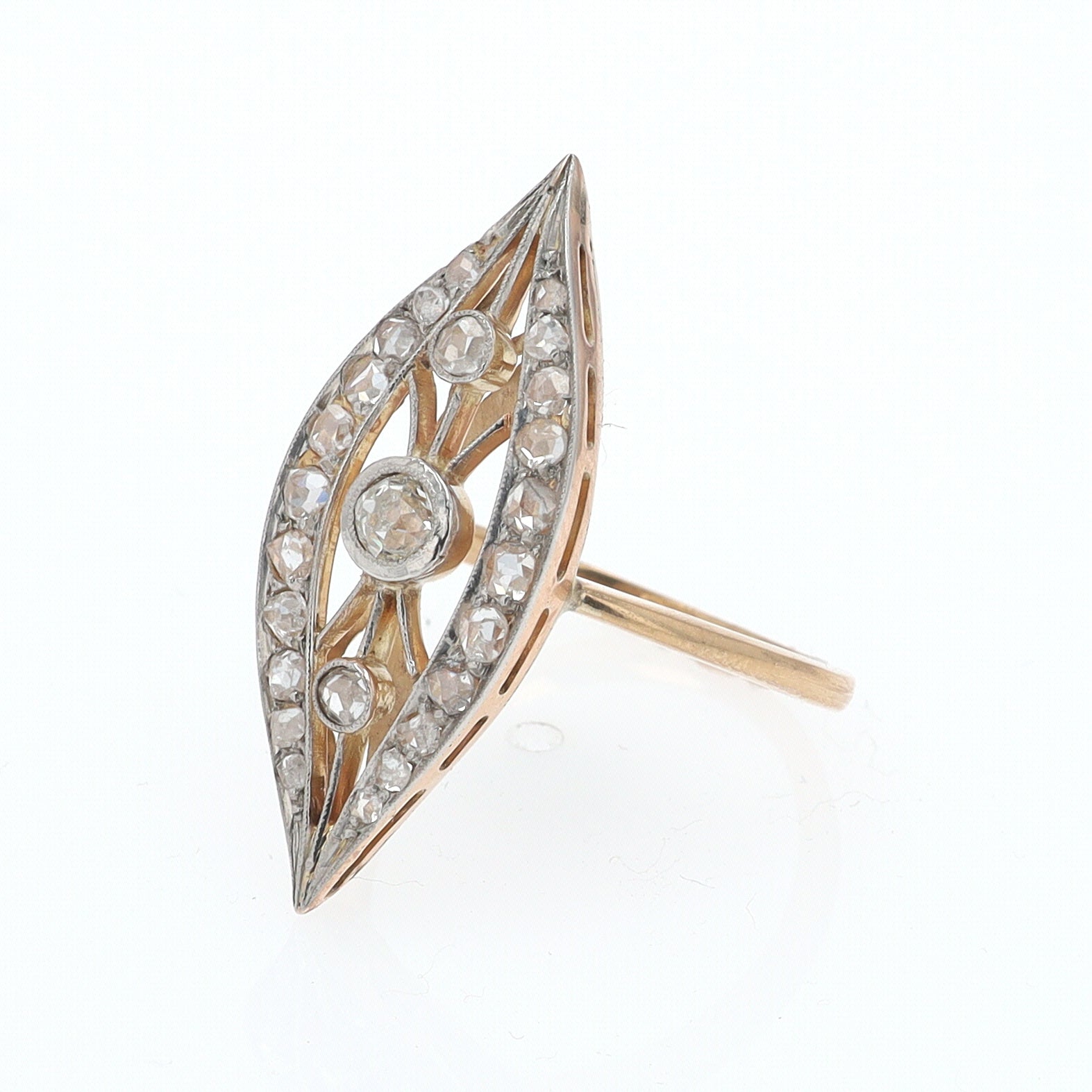 Elongated Edwardian Filigree Diamond Navette Ring