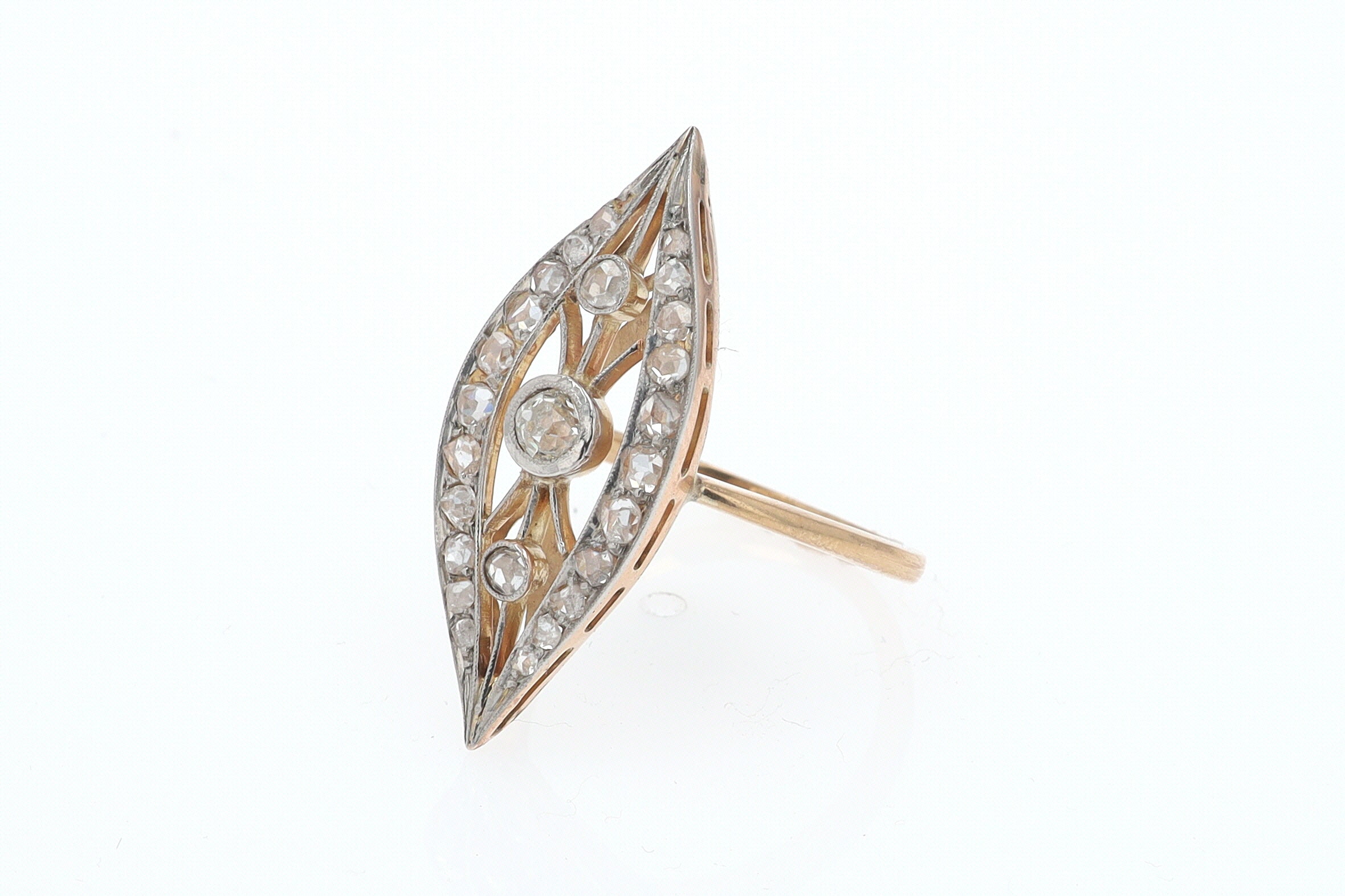 Elongated Edwardian Filigree Diamond Navette Ring