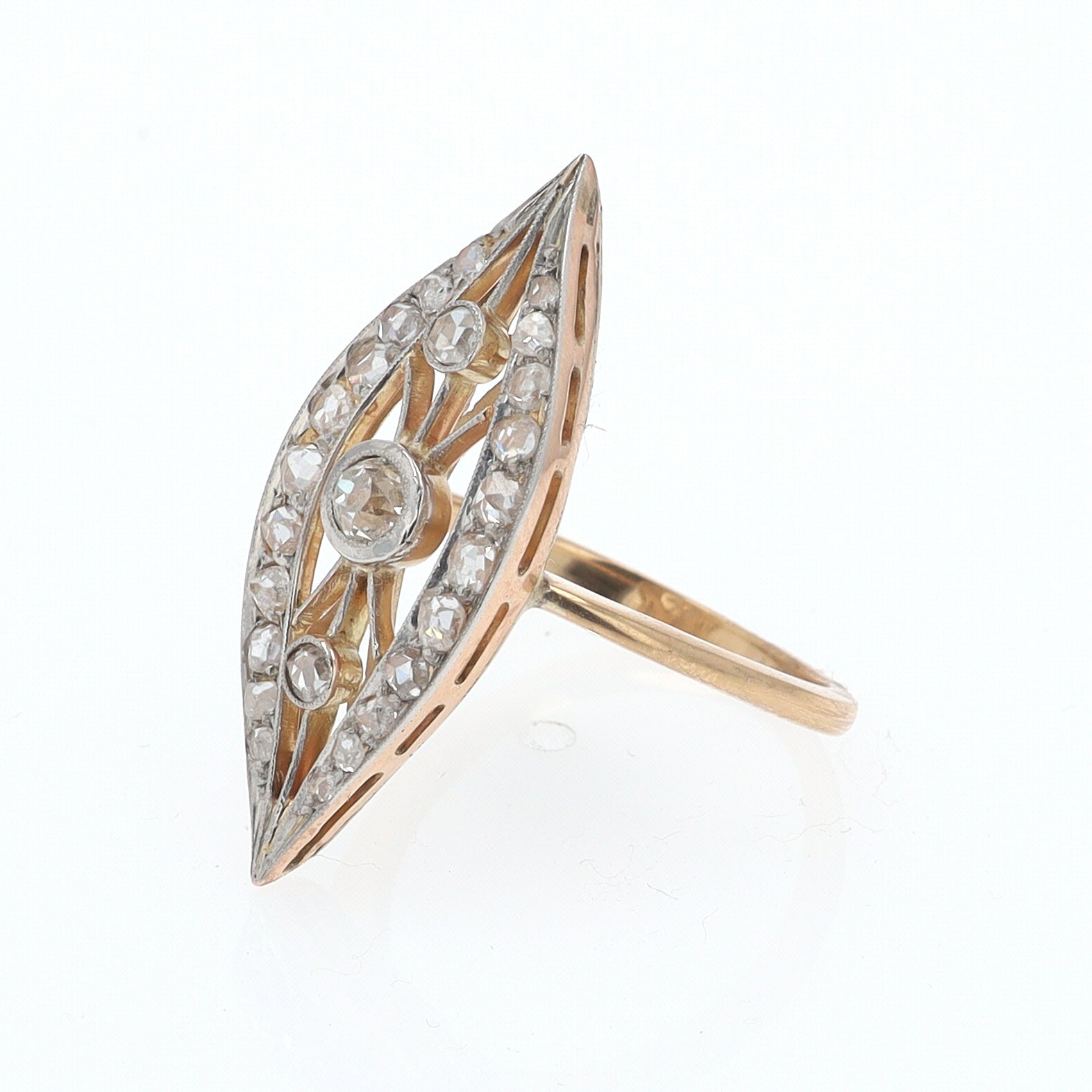 Elongated Edwardian Filigree Diamond Navette Ring