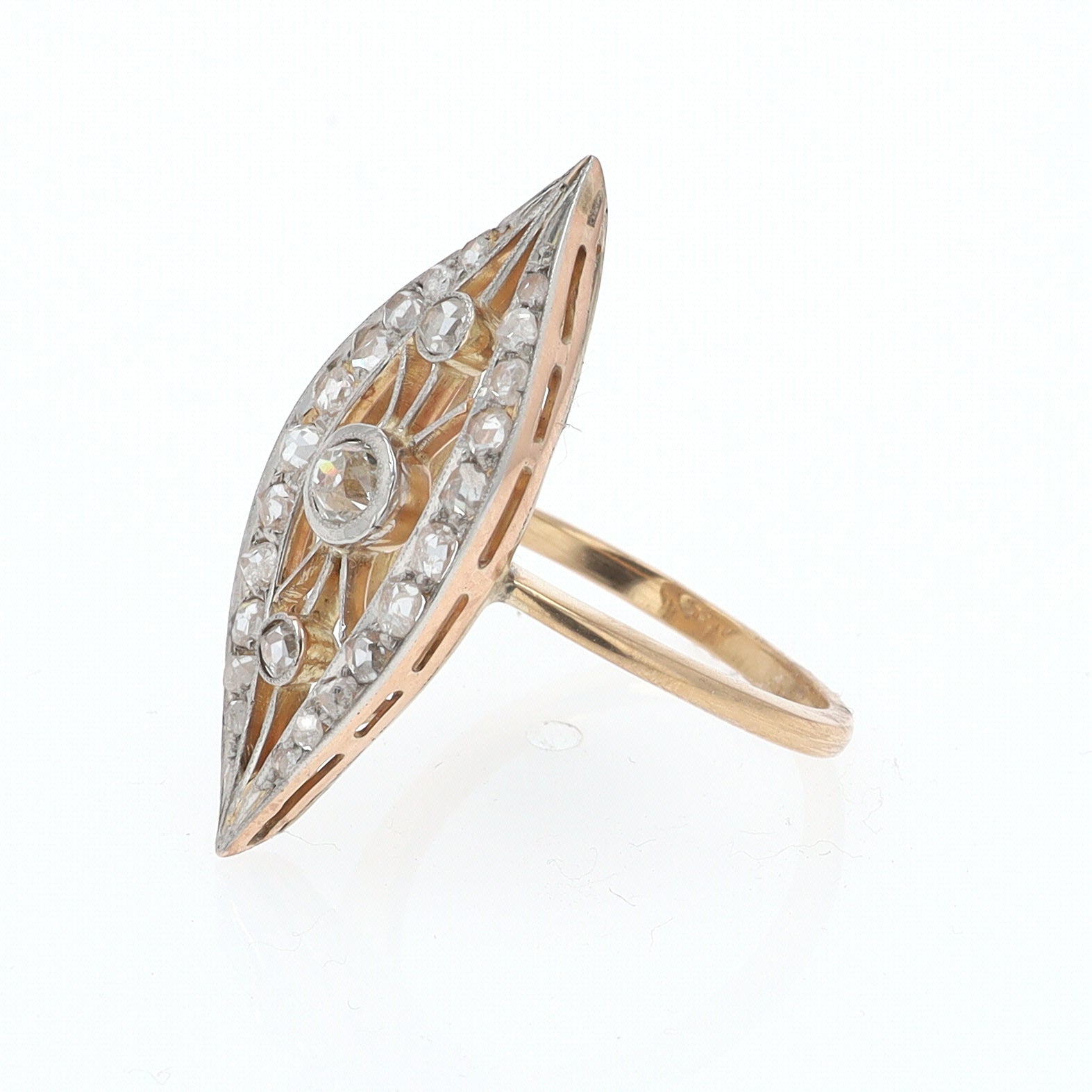 Elongated Edwardian Filigree Diamond Navette Ring