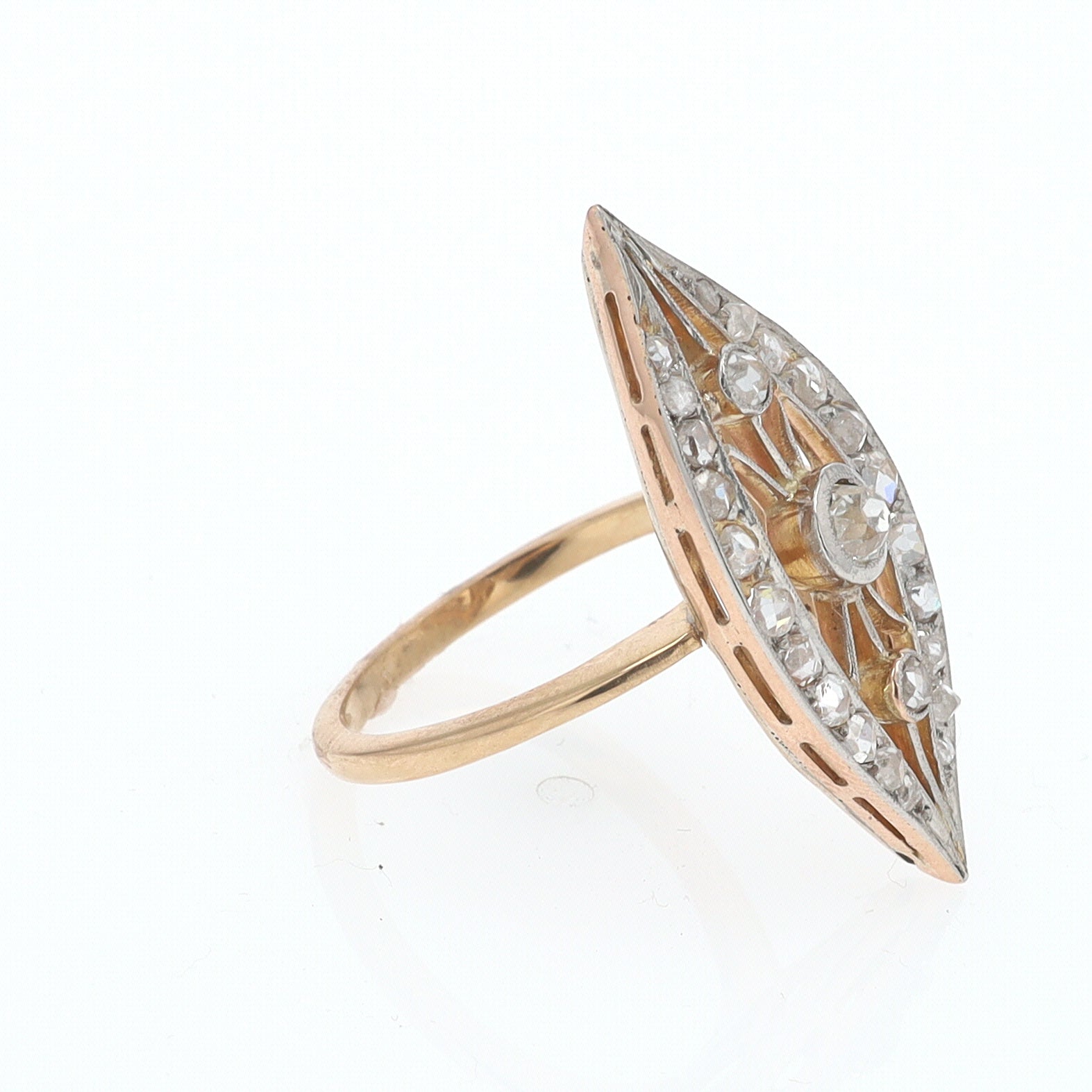 Elongated Edwardian Filigree Diamond Navette Ring