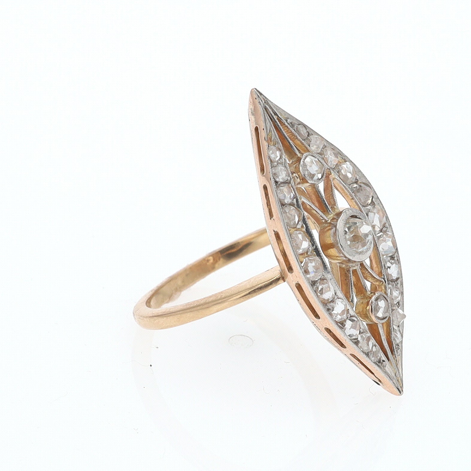 Elongated Edwardian Filigree Diamond Navette Ring