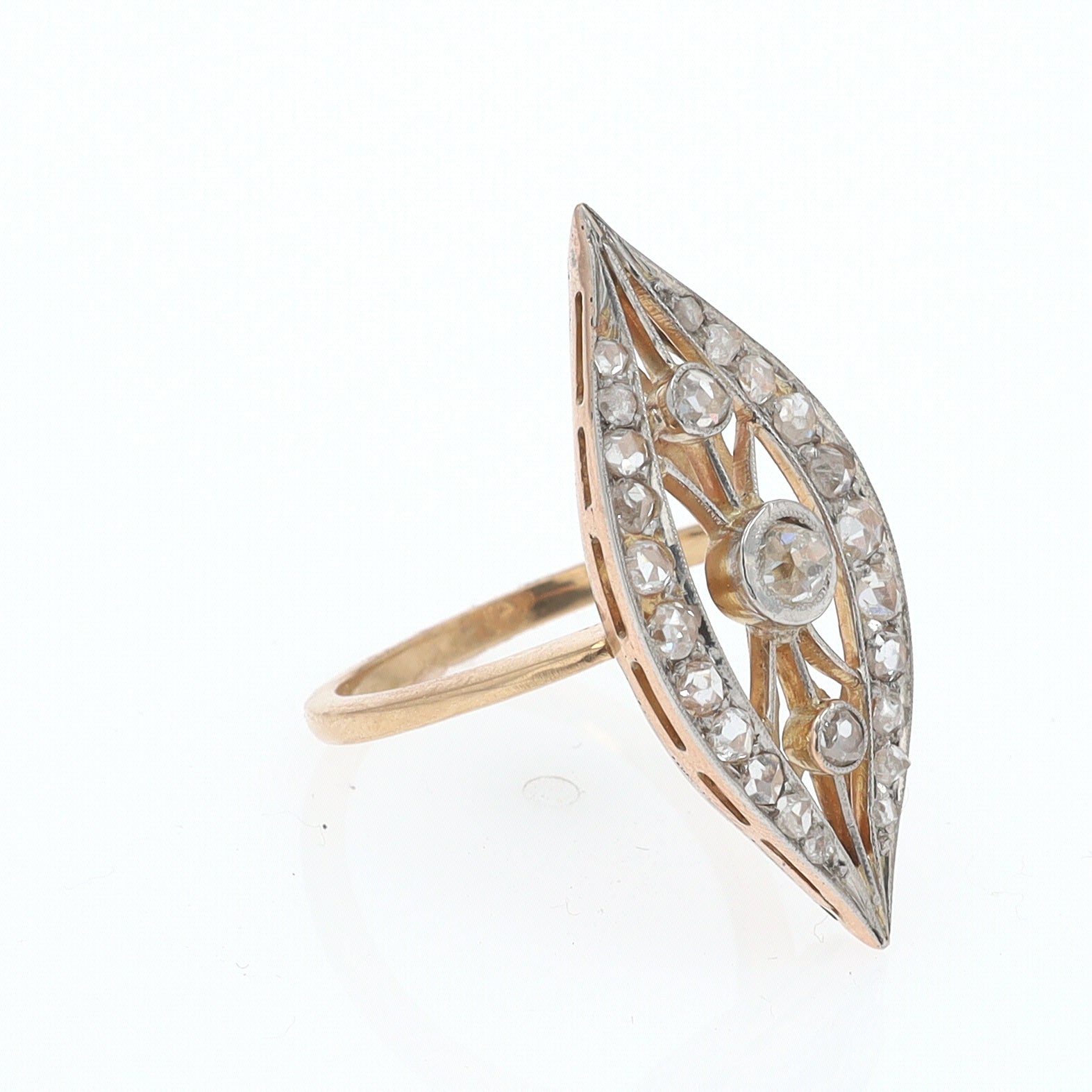 Elongated Edwardian Filigree Diamond Navette Ring