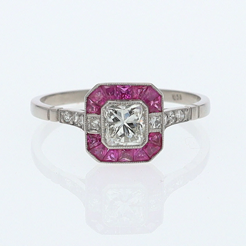 Geometric Art Deco Style Square Diamond Ruby Engagement Ring