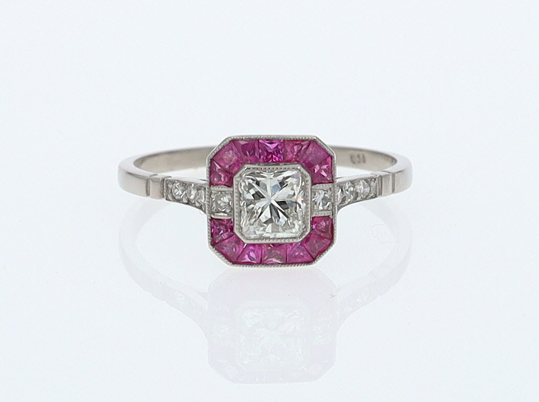 Geometric Art Deco Style Square Diamond Ruby Engagement Ring