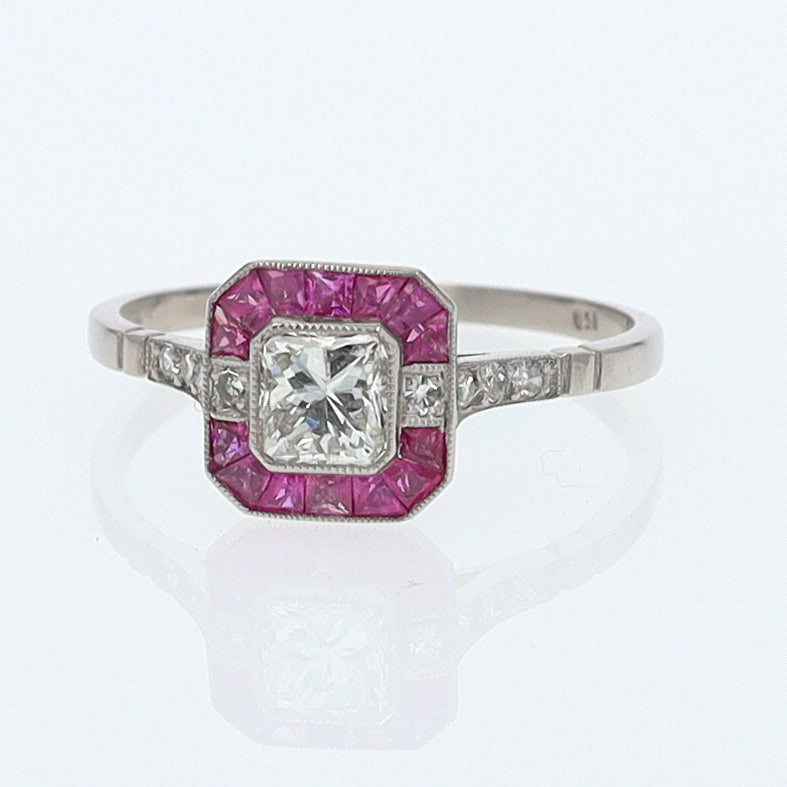 Geometric Art Deco Style Square Diamond Ruby Engagement Ring