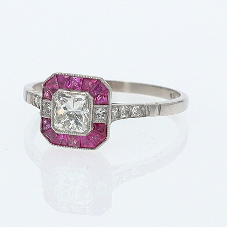 Geometric Art Deco Style Square Diamond Ruby Engagement Ring