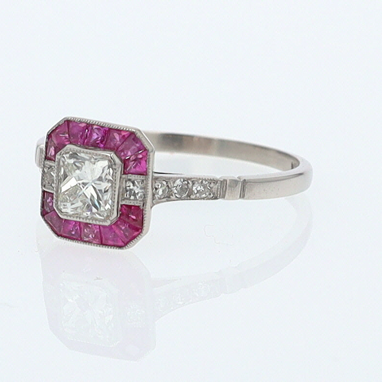 Geometric Art Deco Style Square Diamond Ruby Engagement Ring