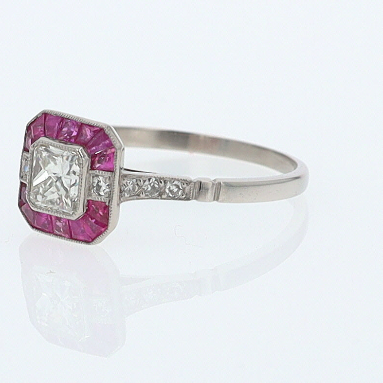 Geometric Art Deco Style Square Diamond Ruby Engagement Ring