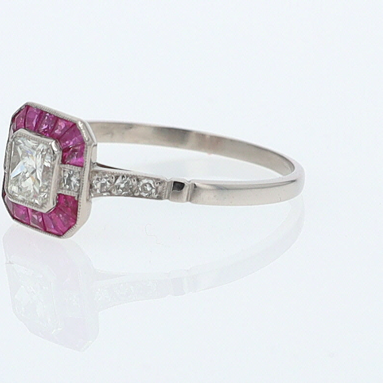 Geometric Art Deco Style Square Diamond Ruby Engagement Ring