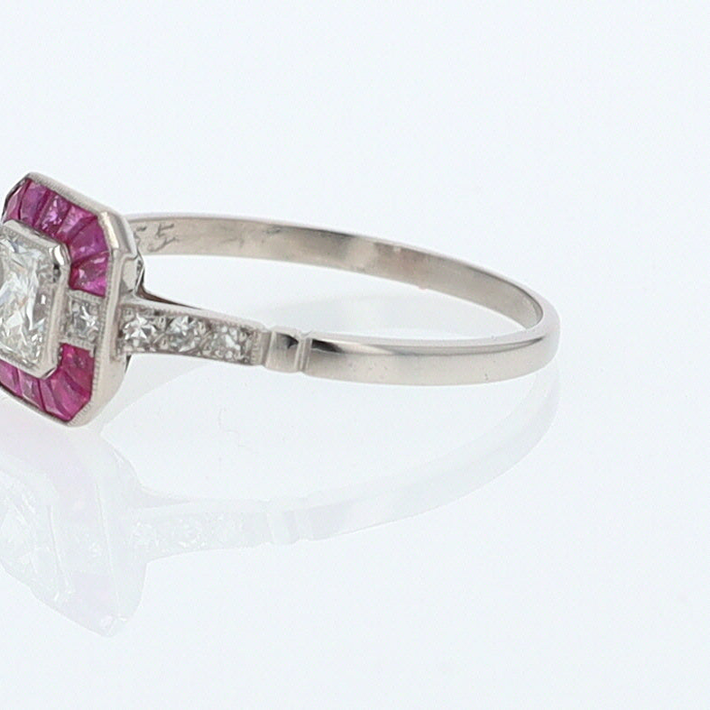 Geometric Art Deco Style Square Diamond Ruby Engagement Ring