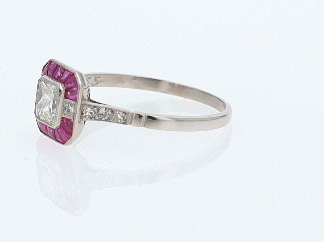 Geometric Art Deco Style Square Diamond Ruby Engagement Ring