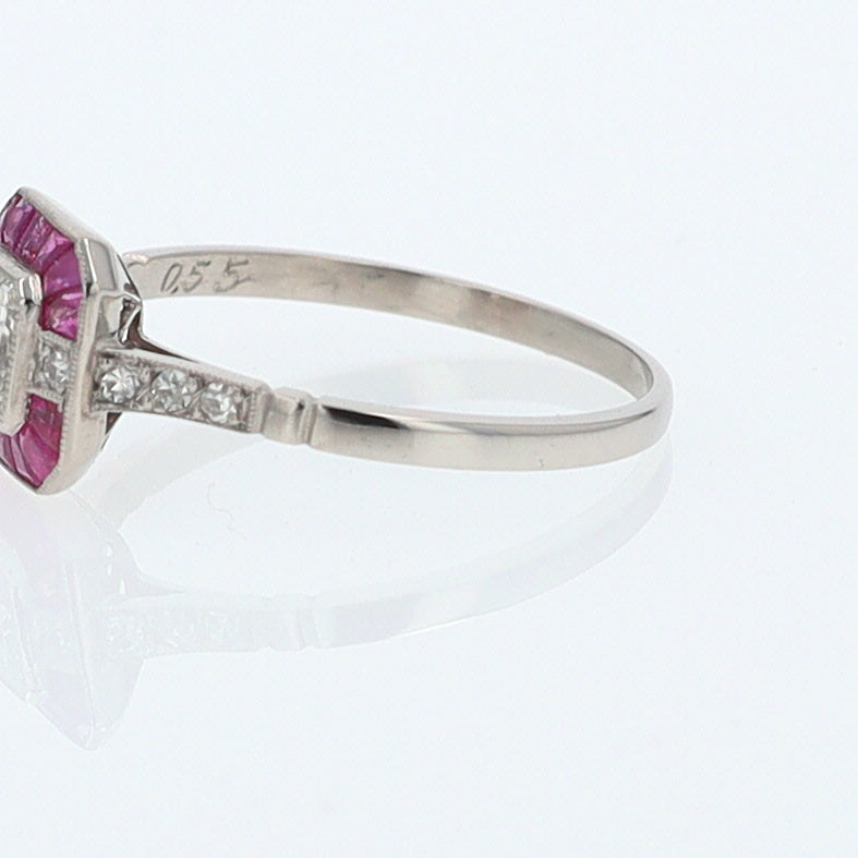 Geometric Art Deco Style Square Diamond Ruby Engagement Ring