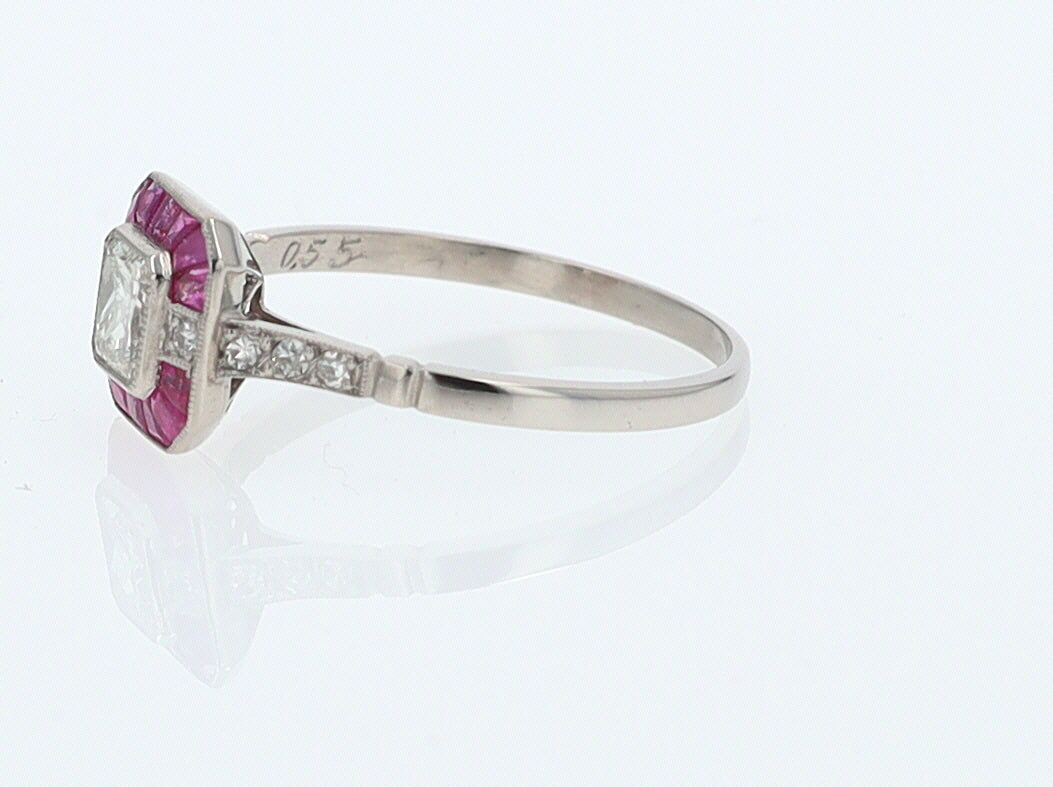 Geometric Art Deco Style Square Diamond Ruby Engagement Ring