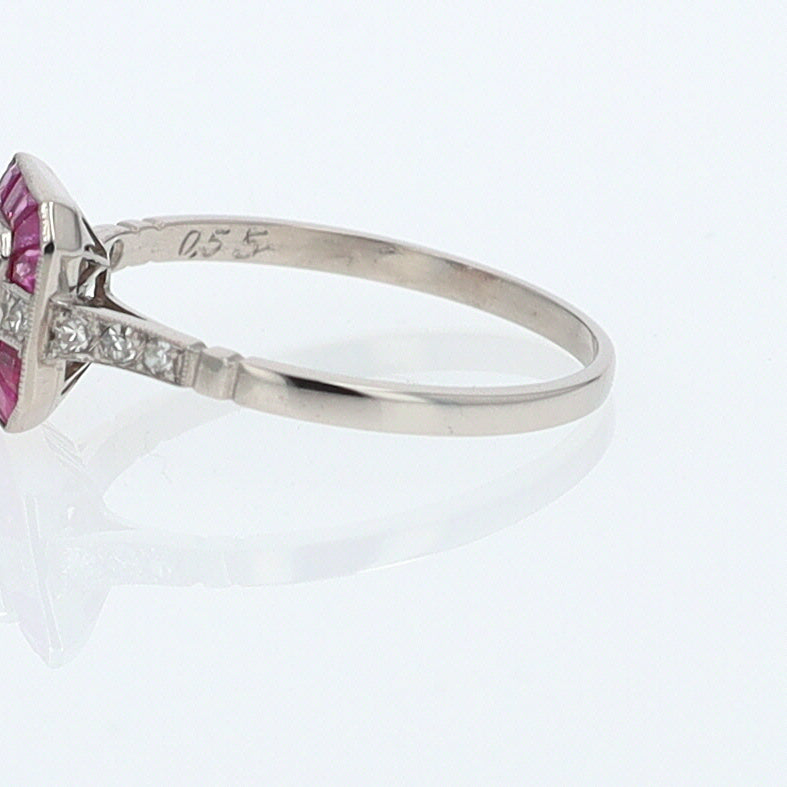 Geometric Art Deco Style Square Diamond Ruby Engagement Ring