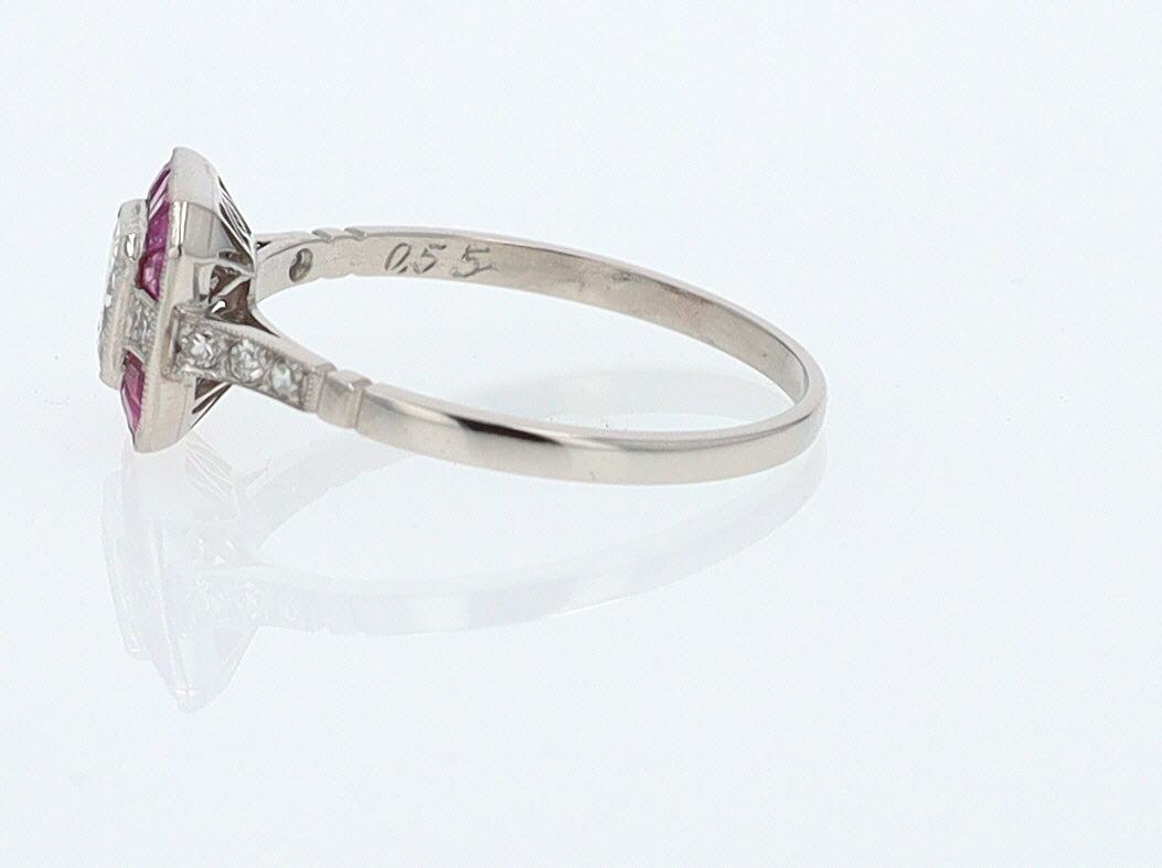 Geometric Art Deco Style Square Diamond Ruby Engagement Ring