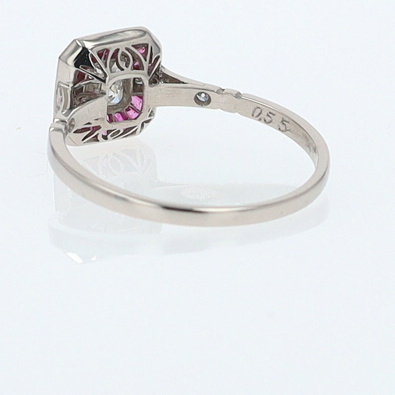 Geometric Art Deco Style Square Diamond Ruby Engagement Ring