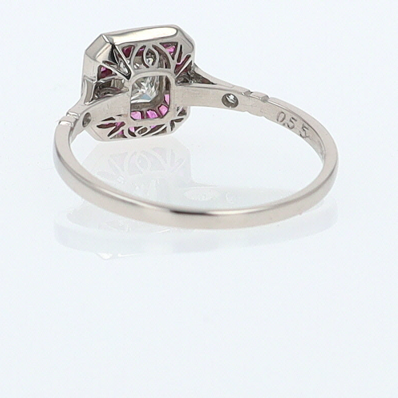 Geometric Art Deco Style Square Diamond Ruby Engagement Ring