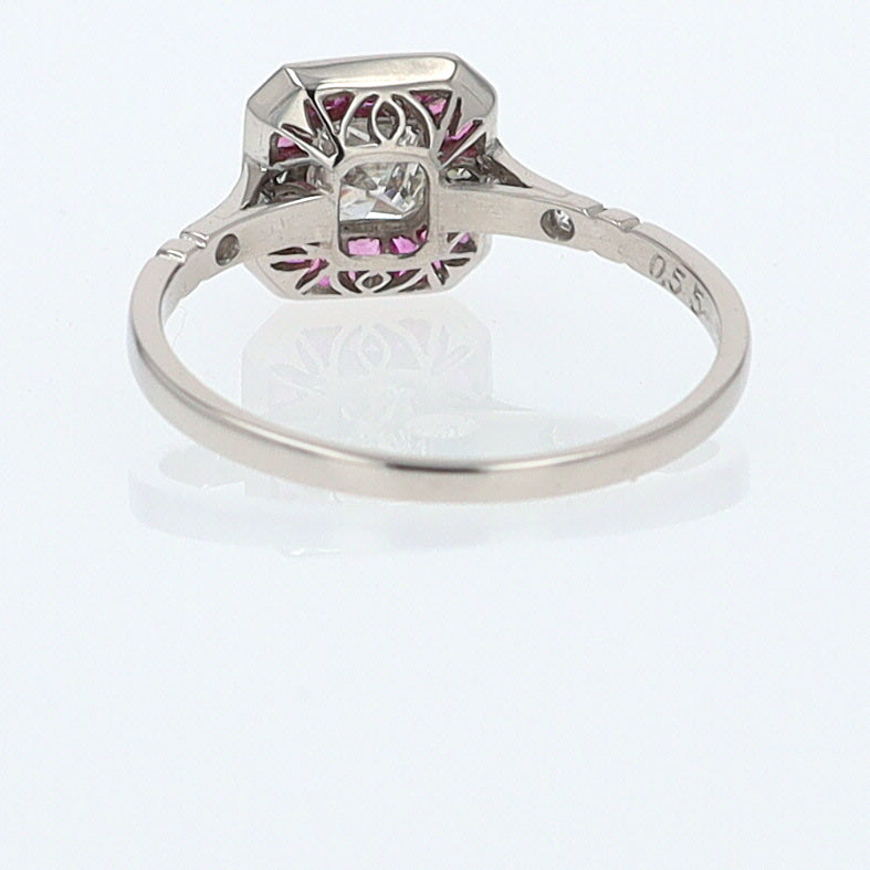 Geometric Art Deco Style Square Diamond Ruby Engagement Ring