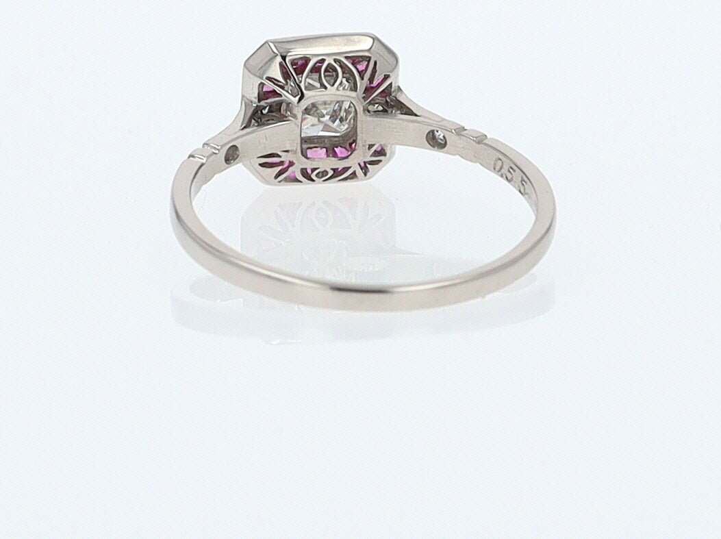 Geometric Art Deco Style Square Diamond Ruby Engagement Ring