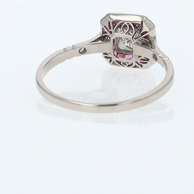 Geometric Art Deco Style Square Diamond Ruby Engagement Ring