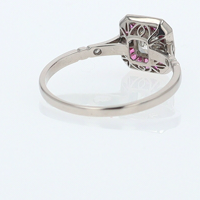 Geometric Art Deco Style Square Diamond Ruby Engagement Ring
