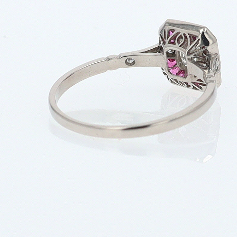 Geometric Art Deco Style Square Diamond Ruby Engagement Ring