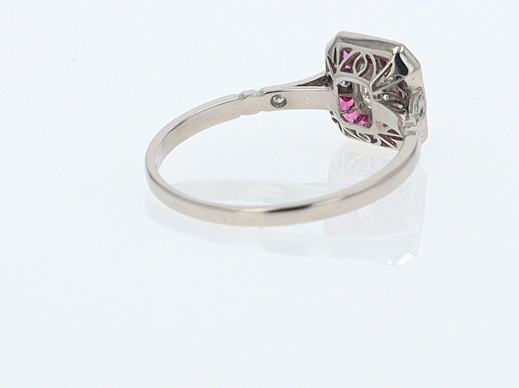 Geometric Art Deco Style Square Diamond Ruby Engagement Ring