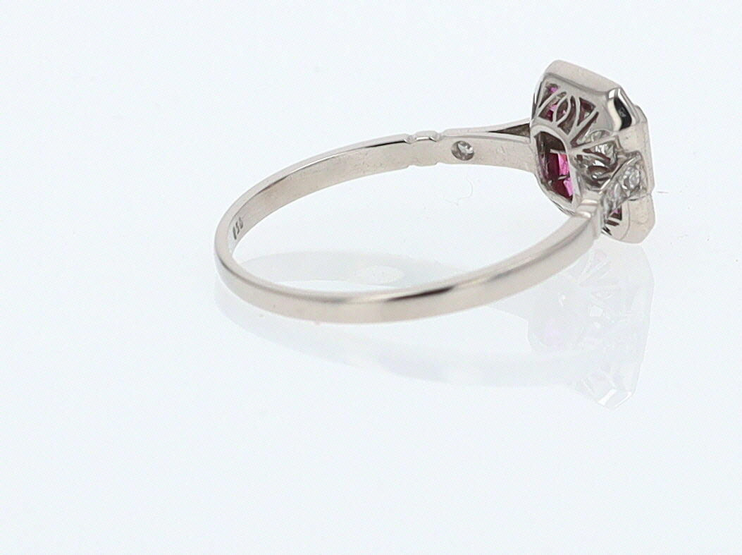 Geometric Art Deco Style Square Diamond Ruby Engagement Ring