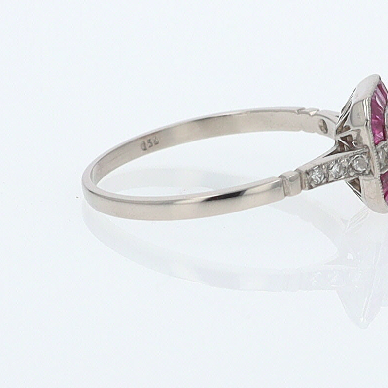 Geometric Art Deco Style Square Diamond Ruby Engagement Ring