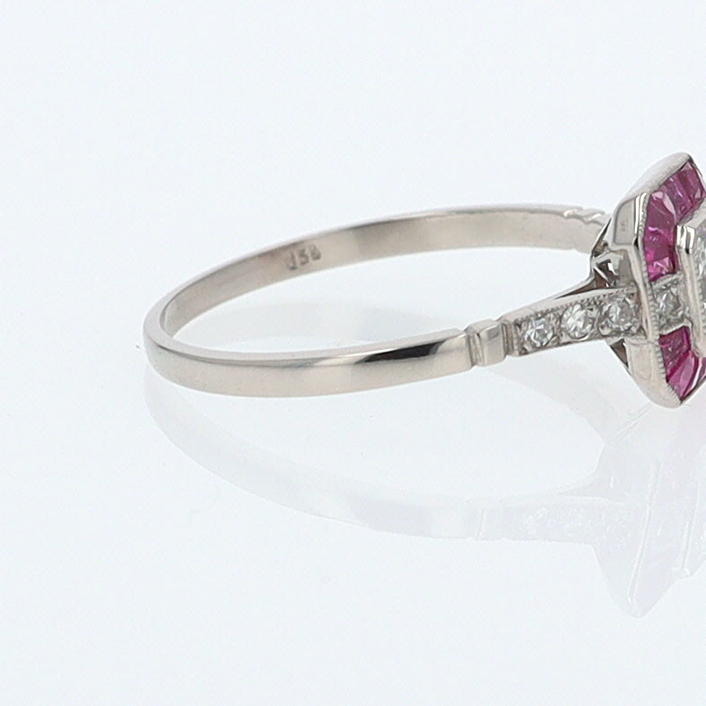 Geometric Art Deco Style Square Diamond Ruby Engagement Ring