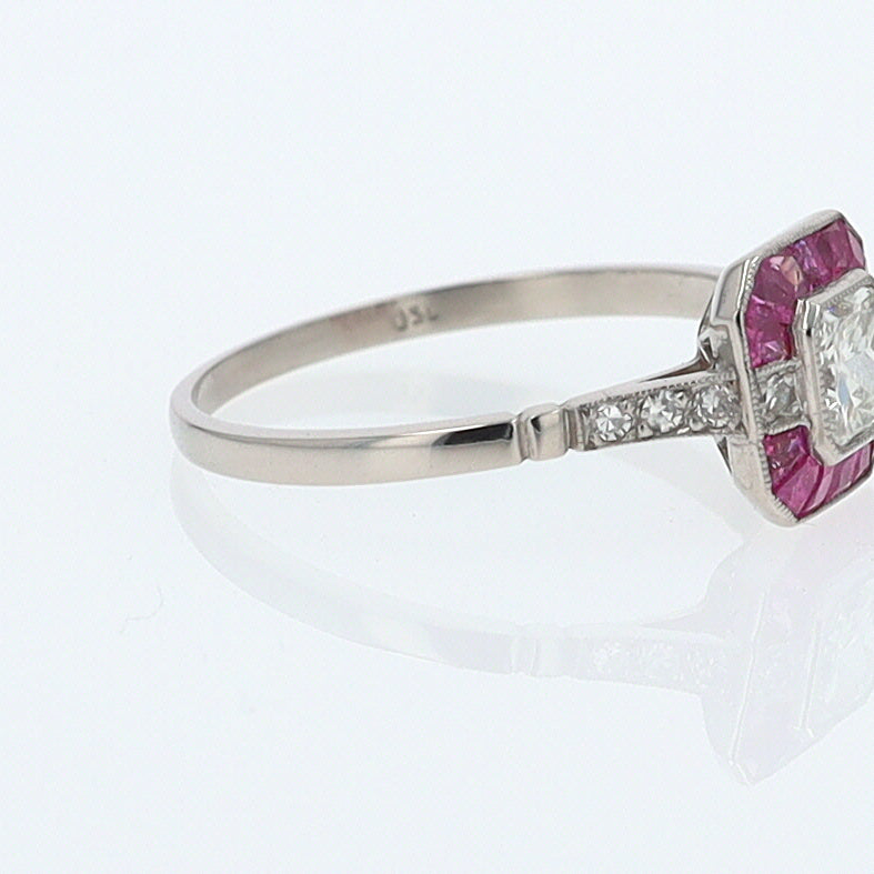 Geometric Art Deco Style Square Diamond Ruby Engagement Ring