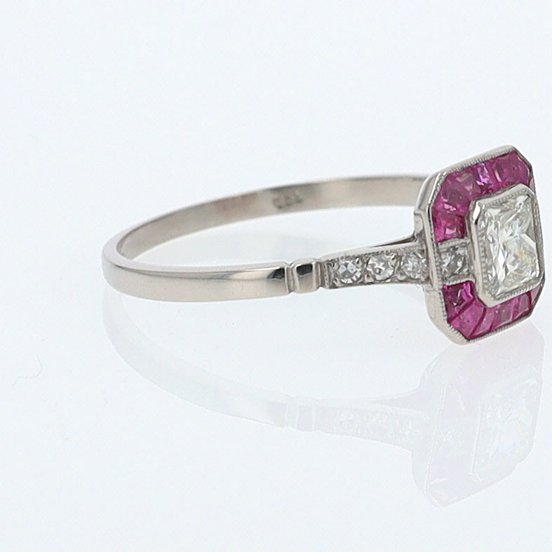 Geometric Art Deco Style Square Diamond Ruby Engagement Ring