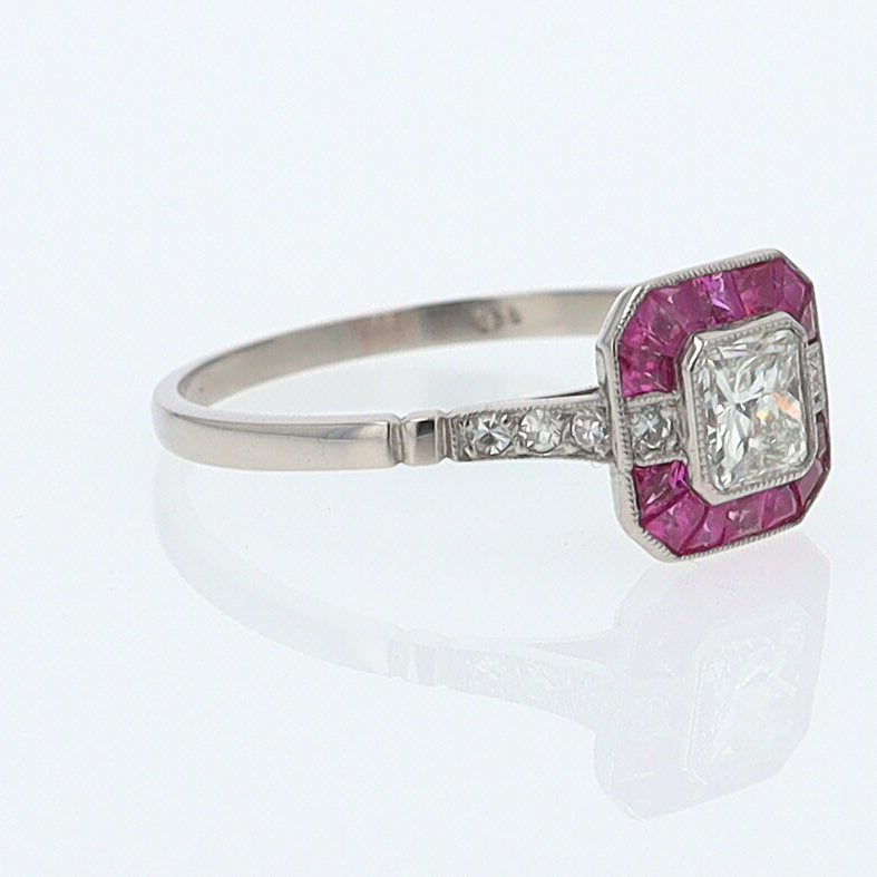 Geometric Art Deco Style Square Diamond Ruby Engagement Ring