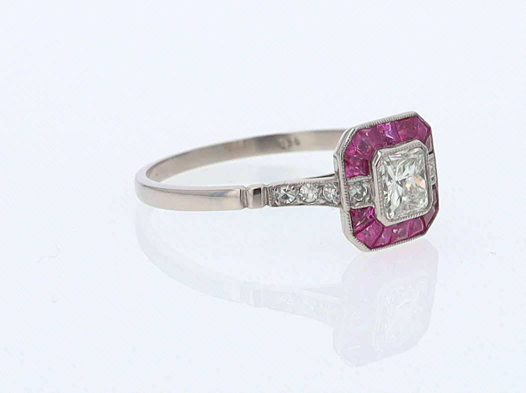 Geometric Art Deco Style Square Diamond Ruby Engagement Ring