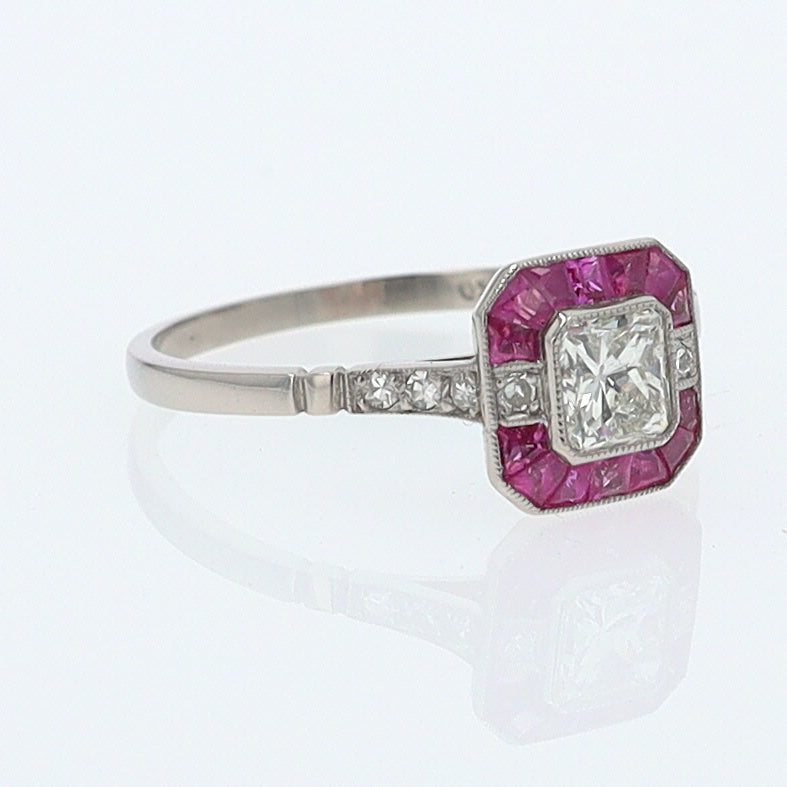 Geometric Art Deco Style Square Diamond Ruby Engagement Ring