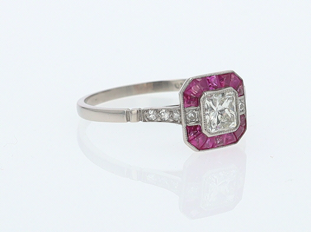 Geometric Art Deco Style Square Diamond Ruby Engagement Ring