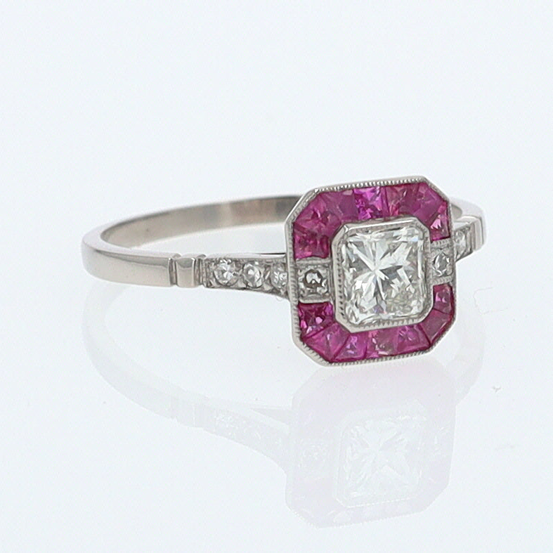 Geometric Art Deco Style Square Diamond Ruby Engagement Ring