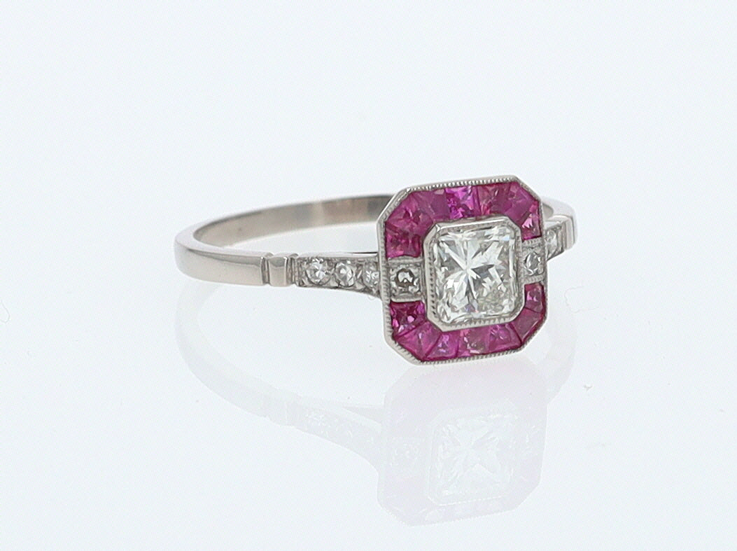Geometric Art Deco Style Square Diamond Ruby Engagement Ring