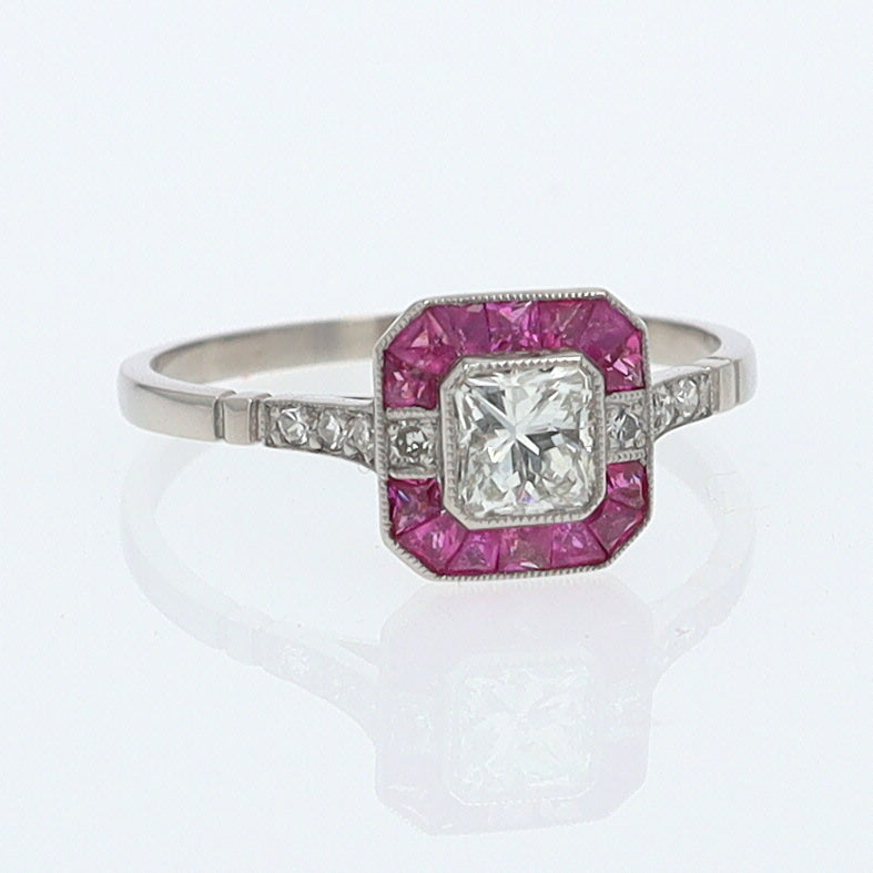 Geometric Art Deco Style Square Diamond Ruby Engagement Ring