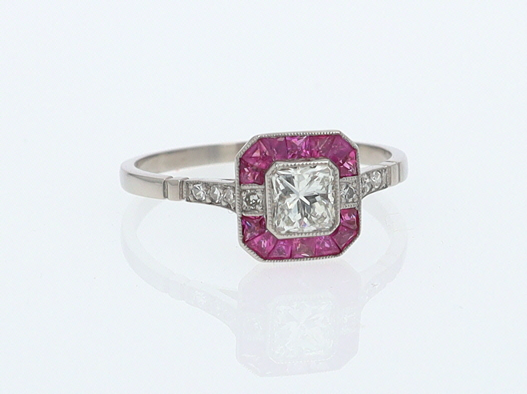 Geometric Art Deco Style Square Diamond Ruby Engagement Ring