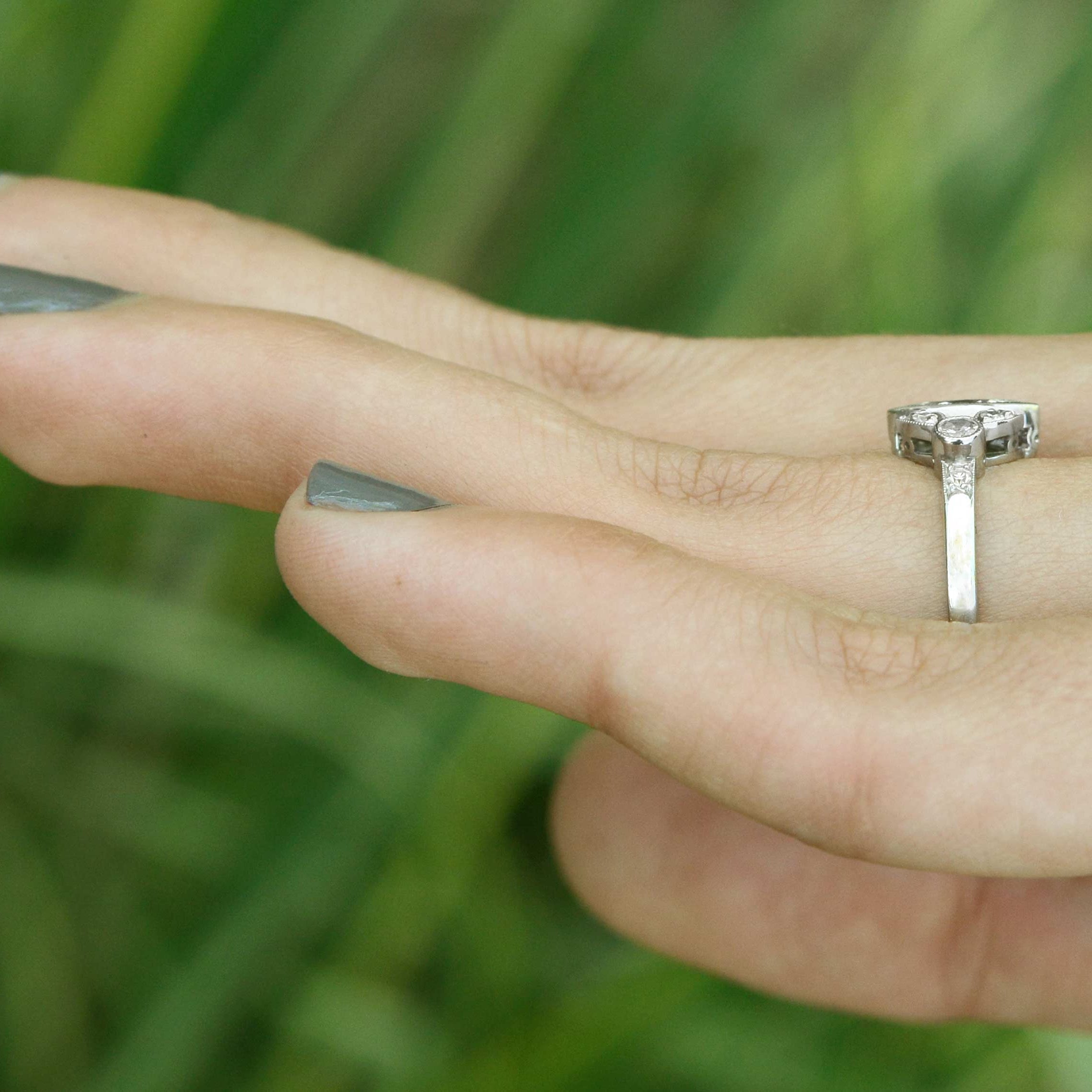 A low profile diamond wedding ring.