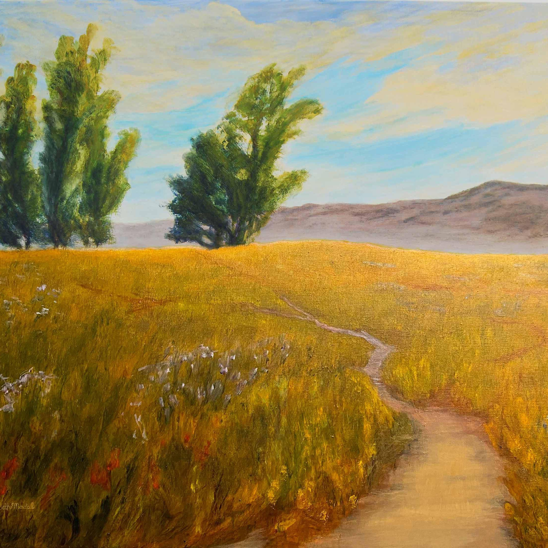 A painting of a golden field and path in Santa Barbara.