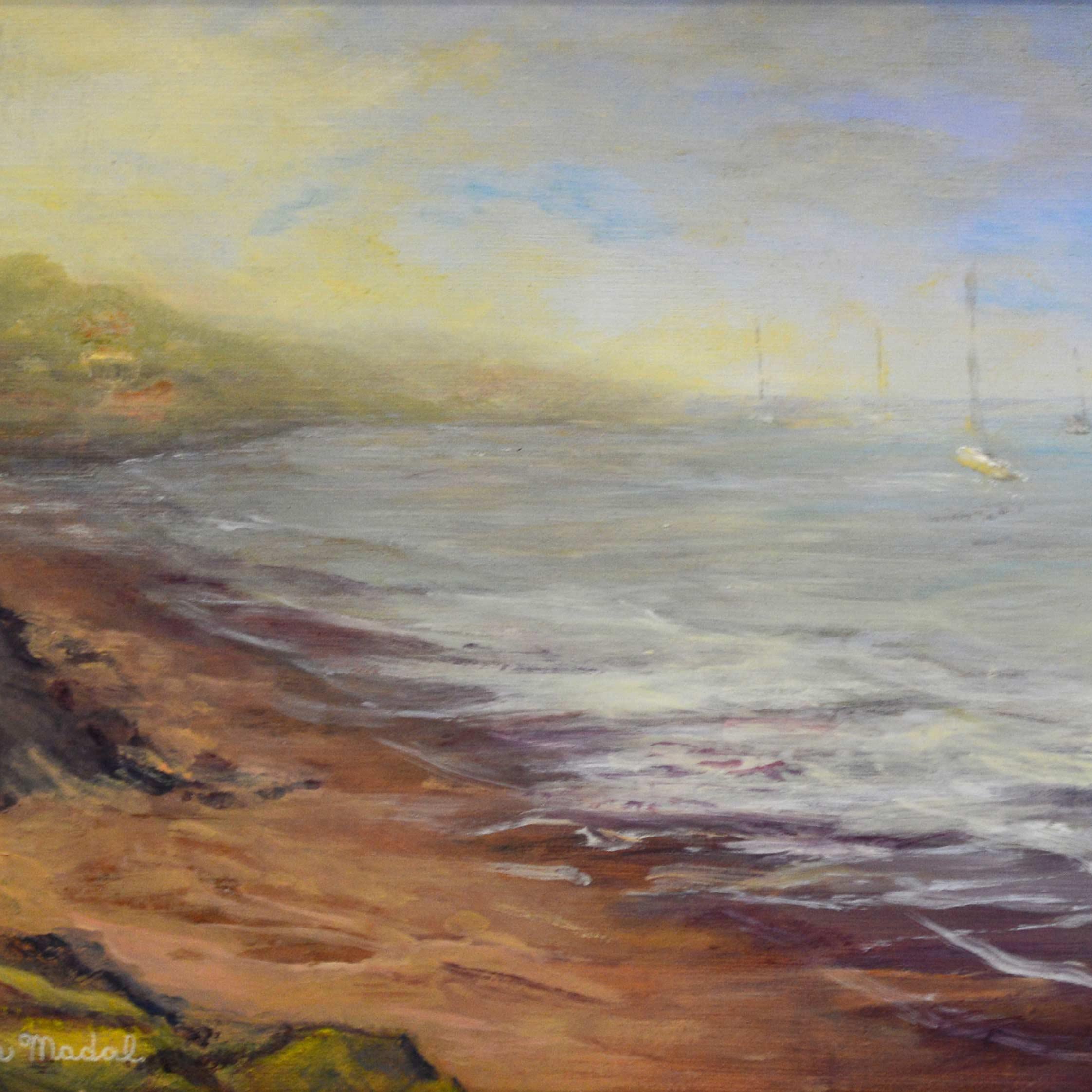 An oil painting of sandy shoreline with sailboats.