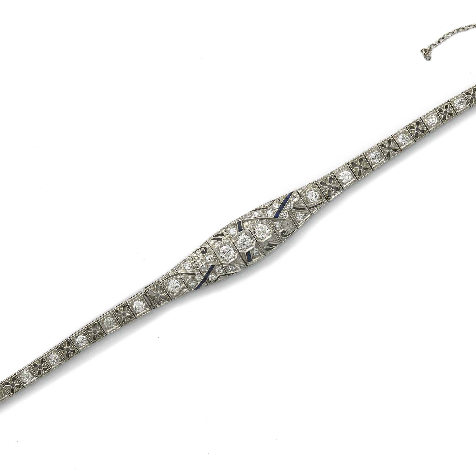 European Cut Diamond & Blue Synthetic Sapphire Platinum Bracelet