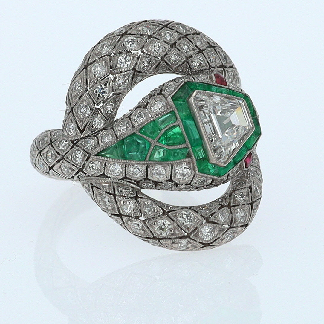 Art Deco 3 Carat Trillion Cut Diamond & Emerald Platinum Snake Ring