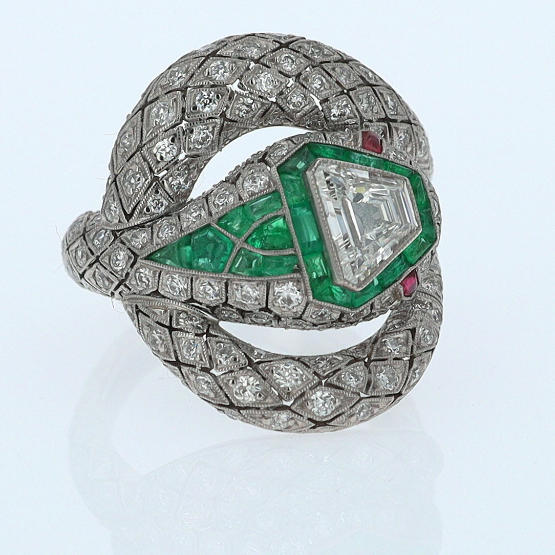 Art Deco 3 Carat Trillion Cut Diamond & Emerald Platinum Snake Ring